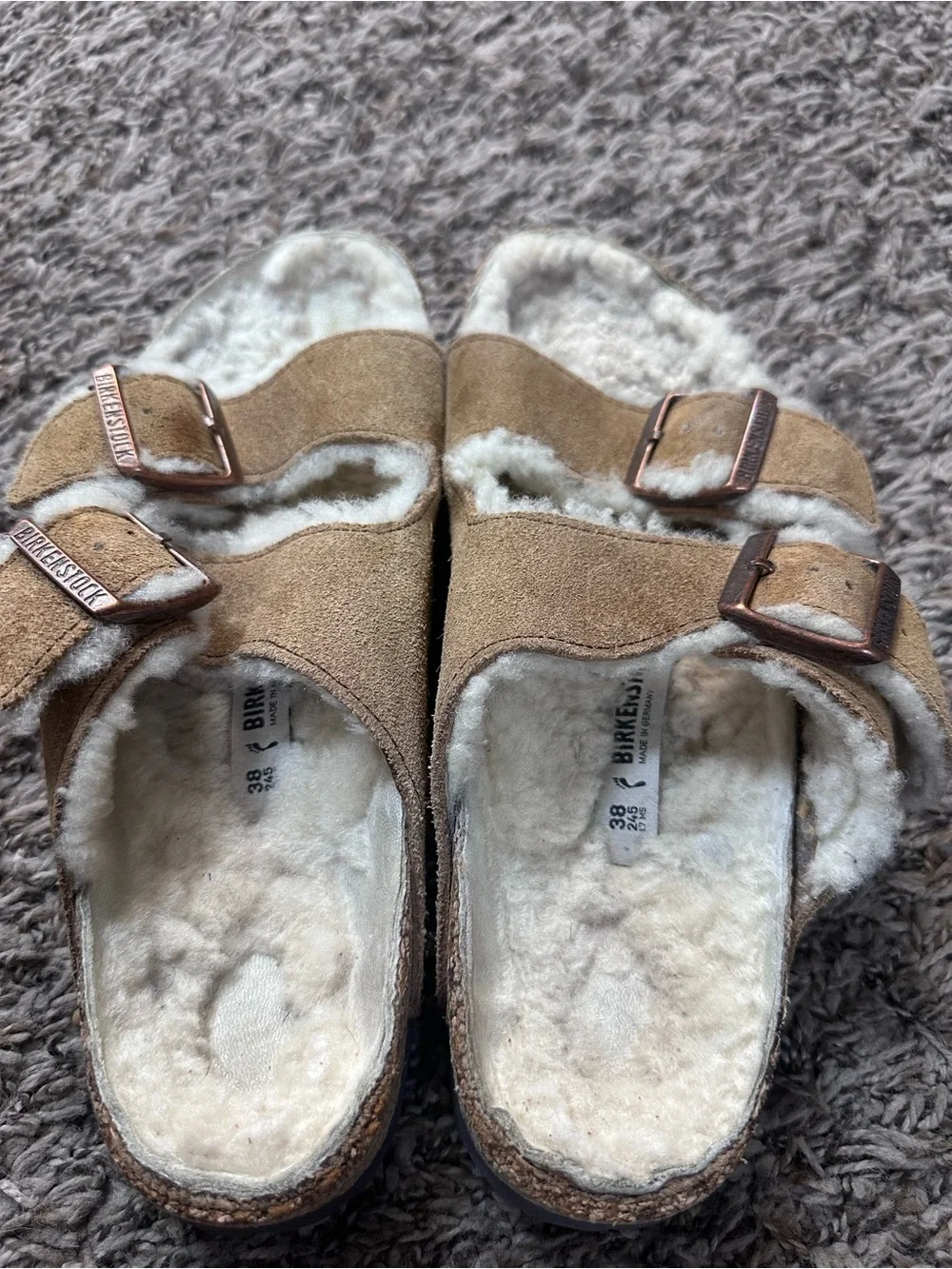 Birkenstock Shearling Suede Sandals in Taupe and Cream Size 7